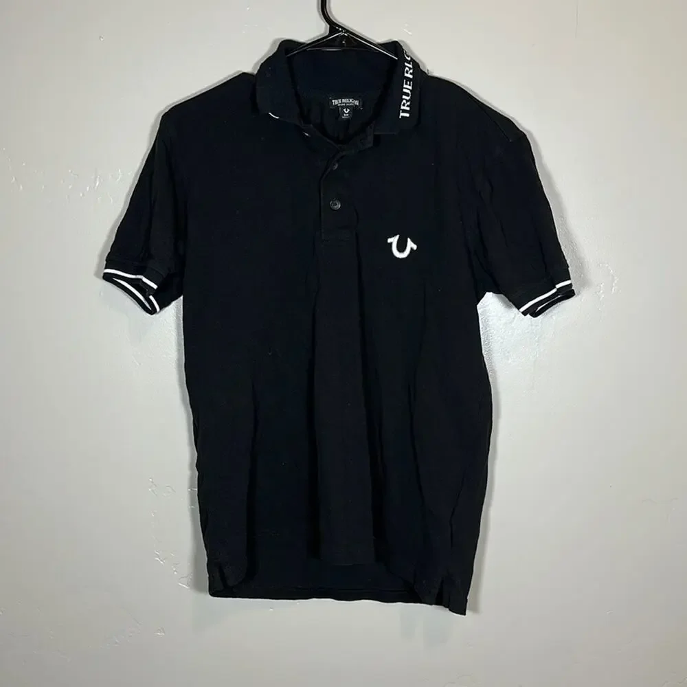 Men’s TRUE RELIGION Striped Logo Polo T Shirt Size Small Black and White